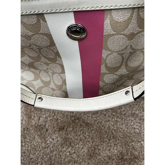 Coach Chelsea Leather Signature Heritage Logo Stripe Pink Beige Tote Bag - Picture 14 of 16